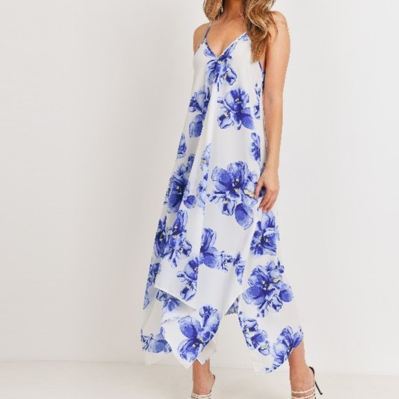 Floral Print Handkerchief Hem Maxi Dress Blue - Picture 4 of 9